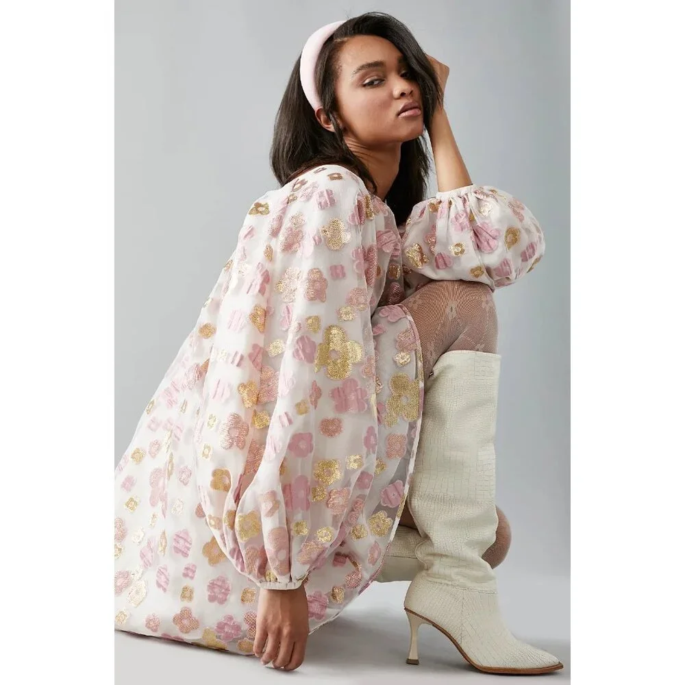 NWT Arianne Elmy Good Luck Mini in Pink Floral Organza Swing Dress L $435 - Picture 3 of 16